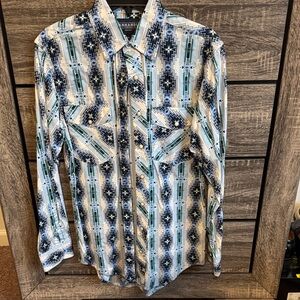 Wrangler Men's Geometric Blue and White Shirt